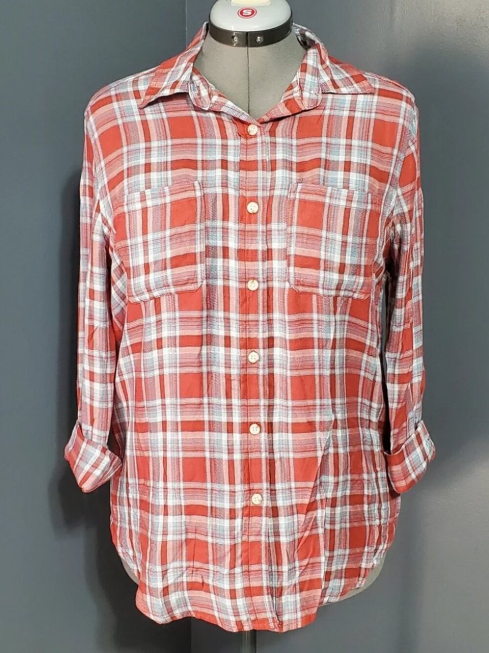 NWT Mossimo Supply Co. Red Blue Plaid Shirt Lightweight Boyfriend Fit Size M